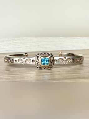 Designer Hallmarked Sterling Silver & 18K Gold Blue Topaz Cuff Bracelet, 28.9g